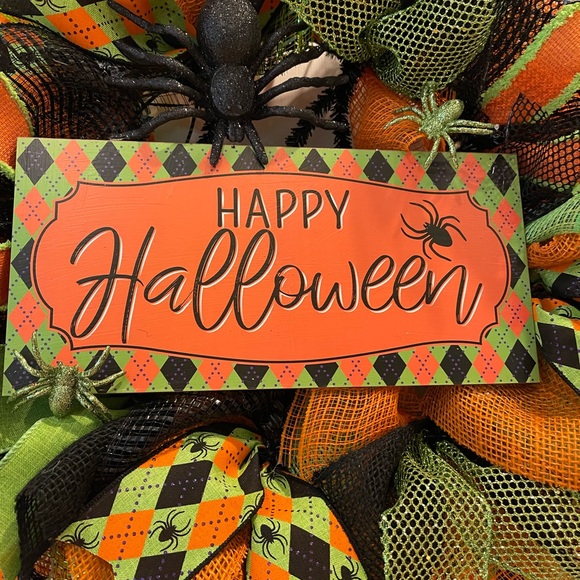 Halloween Wreath Happy Halloween BLK, orange, lime argyle Spider GLITTER wreath - Picture 2 of 7